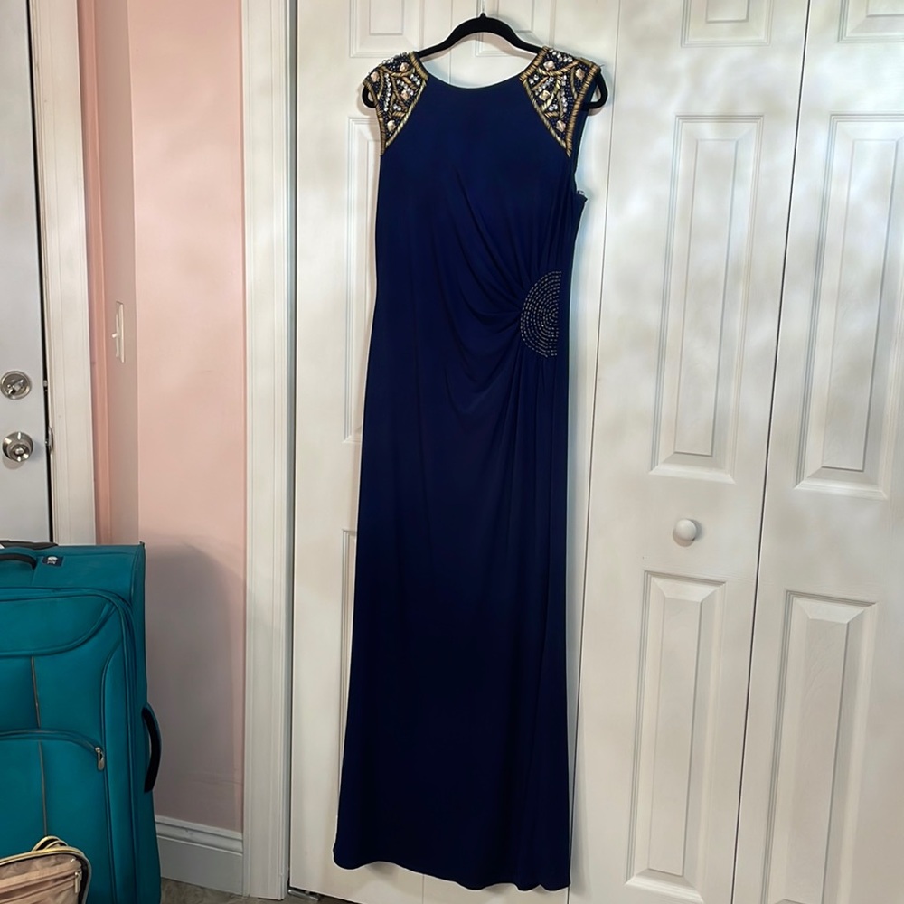 JS Collections navy and jeweled evening gown